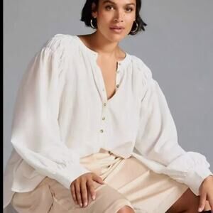 Anthropologie Pilcro White Pleated Shoulder Oversize Popover Blouse (L)